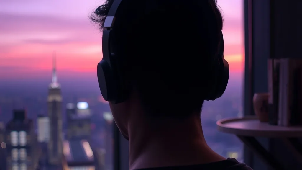 Person mit schwarzen Kopfhörern hört Musik am Fenster mit Blick auf eine Stadt in der Abenddämmerung