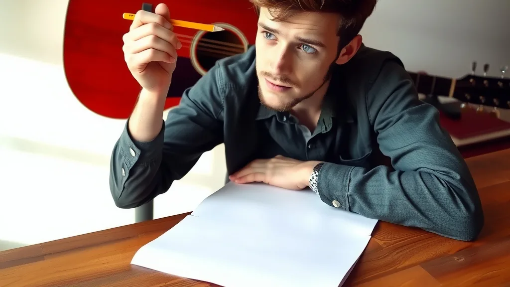 Junger Musiker sitzt mit Bleistift vor einem leeren Blatt Papier, im Hintergrund lehnt eine rote Gitarre