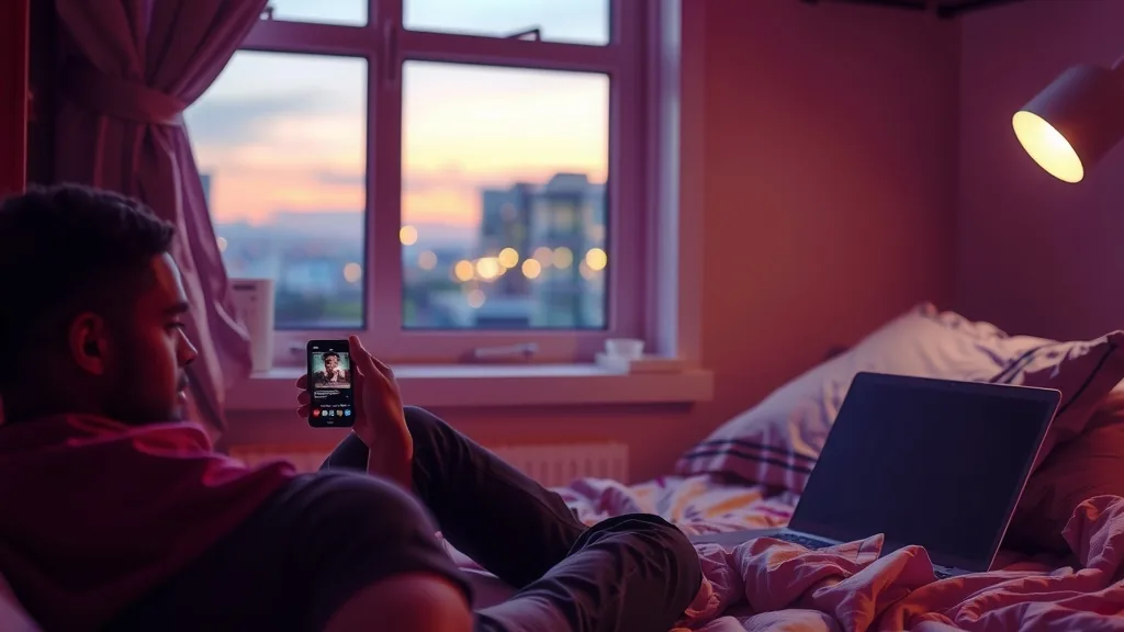 Junger Rapper liegt am Abend auf dem Bett und schaut auf sein Smartphone, daneben ein aufgeklappter Laptop